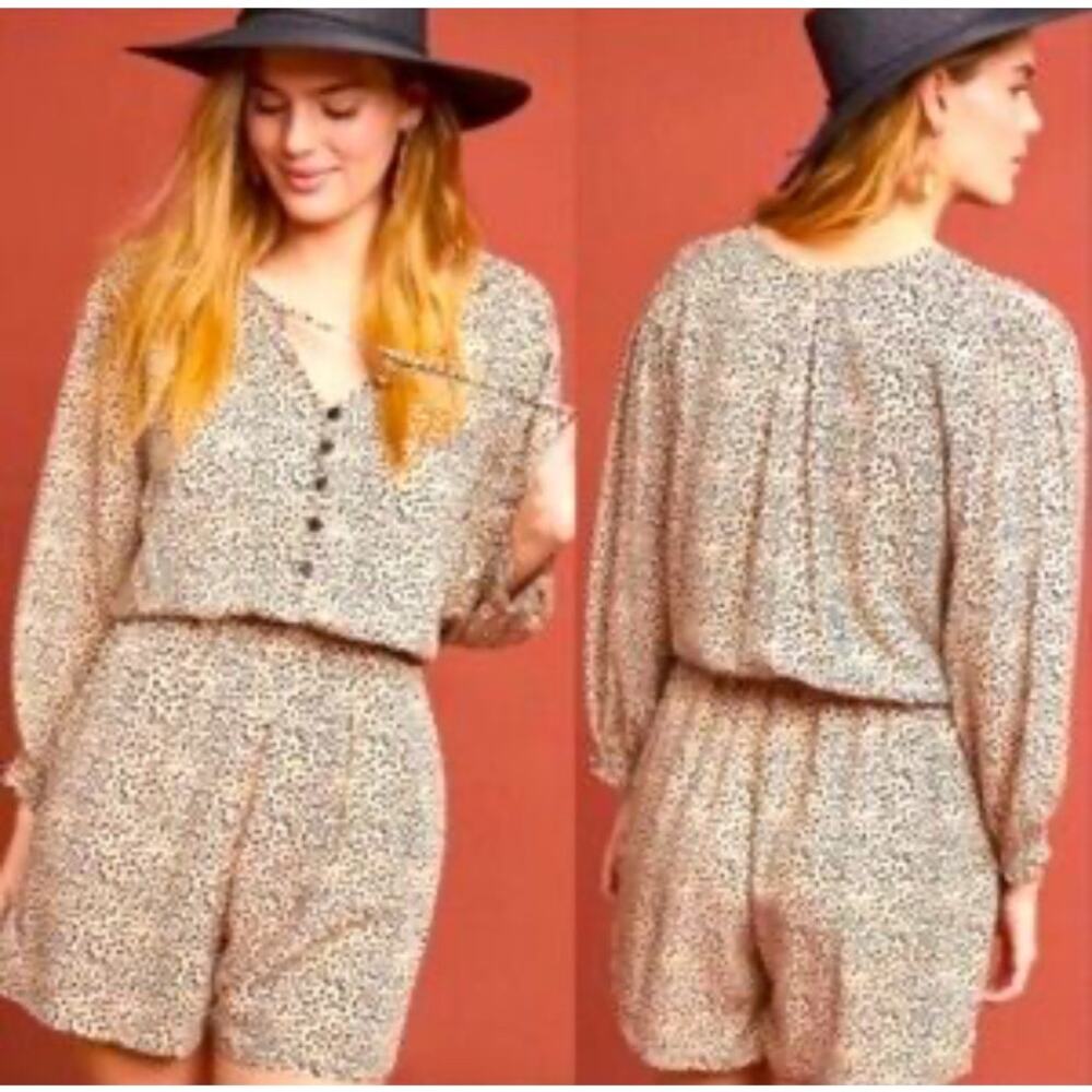 Beach Gold Anthropologie Long‎ Sleeve Leopard Romper SZ XL Boho Beachy Animal